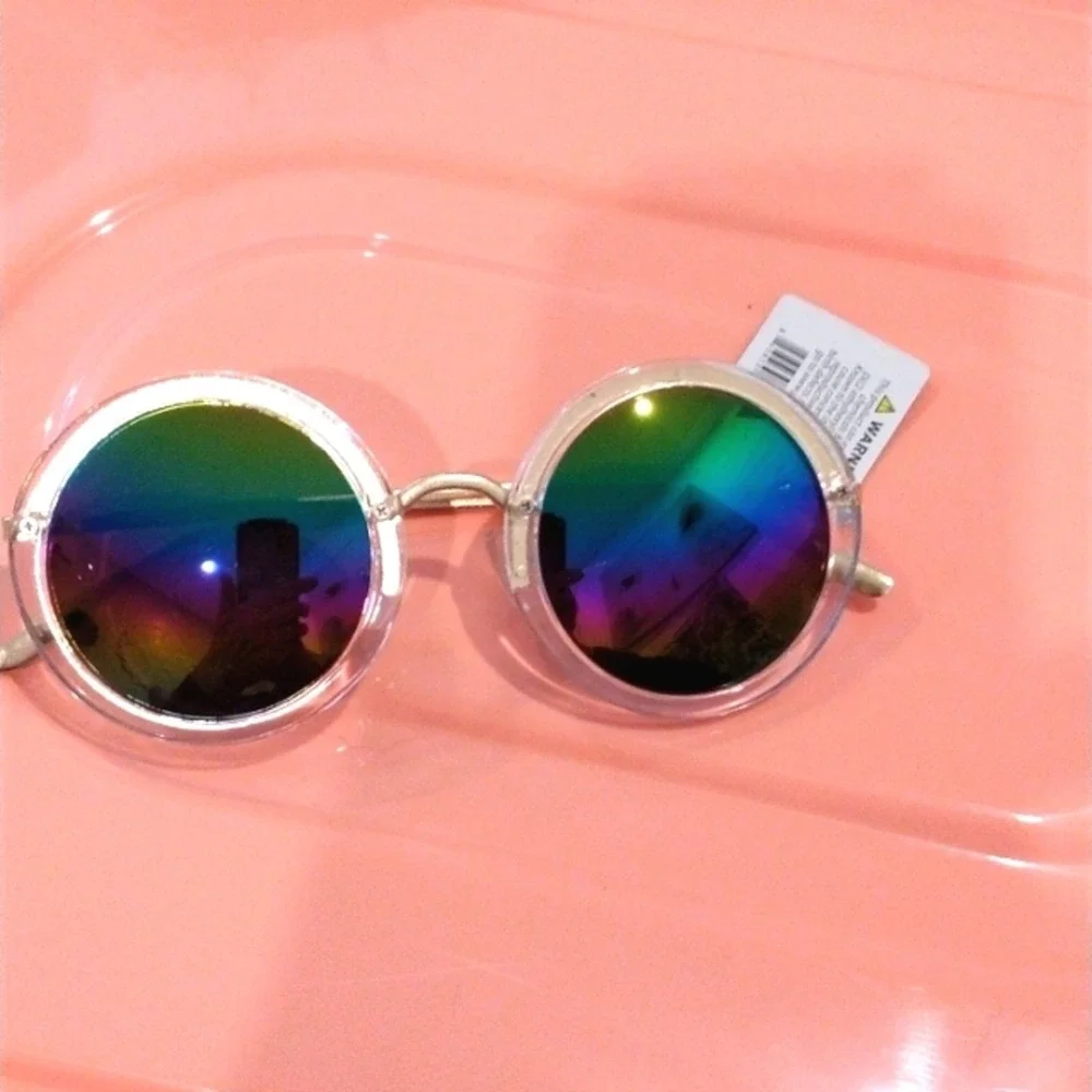 Round Rainbow MIRROR Sunglasses Clear Frames GLAM Fairygoth Hippie Festival City